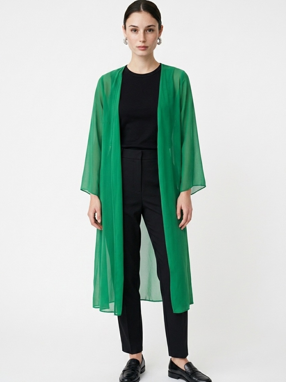 Green Sheer Open-Front Women's Duster Coat